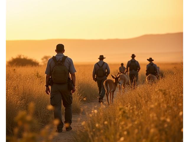 Group of safari-goers with an armed guide on a walking safari, observing wildlife from a safe distance.