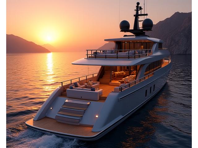 Sleek superyacht docked in a picturesque bay, ready for a sunset celebration with guests.