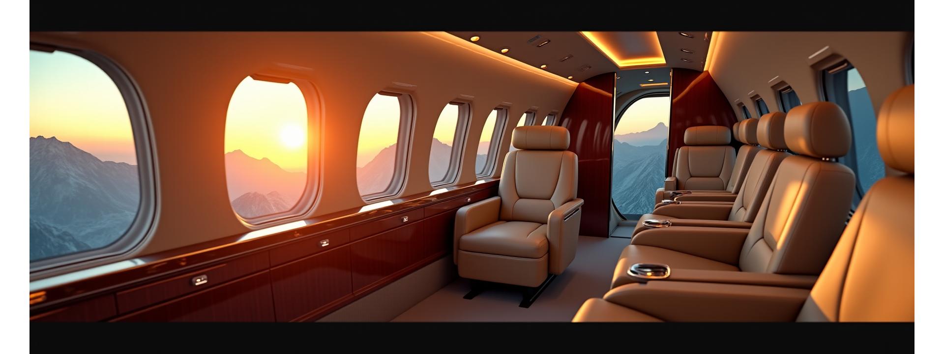 Opulent private jet interior with expansive windows, offering a view of distant mountains at sunset