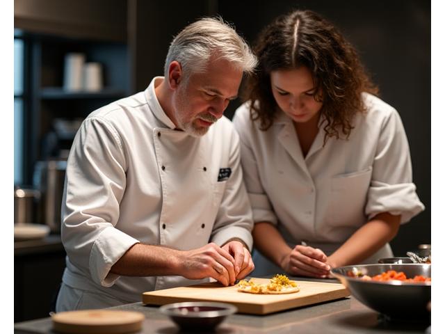 A small group participating in a private, hands-on cooking class with a renowned chef in a luxurious kitchen studio