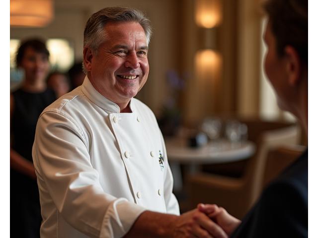 A guest shaking hands with a smiling celebrity chef in a private, intimate setting at a culinary event