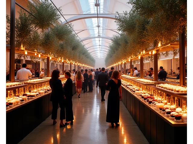 A glamorous, high-end food festival event with elegantly dressed guests, celebrity chefs, and exquisite food displays