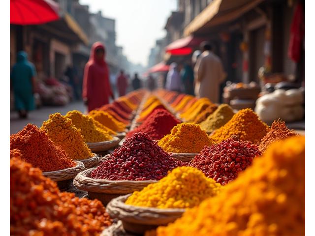 A colorful Indian spice market bustling with activity, showing vibrant piles of spices and fresh produce, India
