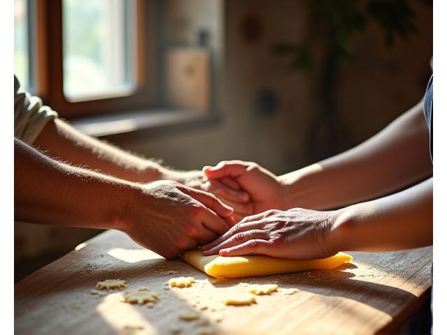 A woman hand-making pasta with a 'Nonna' in a traditional Tuscan kitchen, Italy