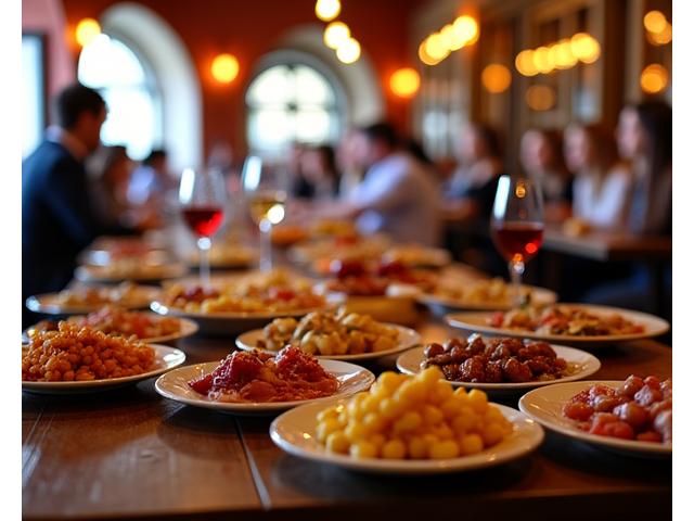 A lively tapas bar scene in Seville, with small plates of Iberian ham and olives on a rustic wooden table, Spain