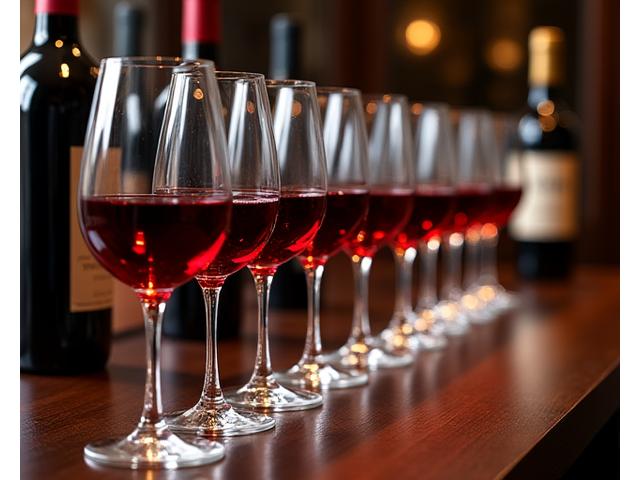 An array of wine glasses arranged for a vertical tasting, showcasing different vintages of a single prestigious wine