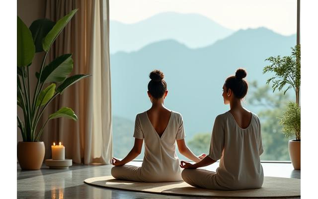 People practicing yoga in a serene, luxurious setting