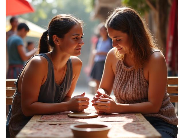 Young couple participating in a traditional pottery class with local artisans in a vibrant, sunlit village square.