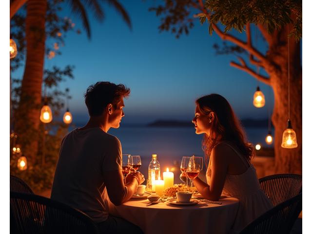 A millennial couple enjoying a romantic, candlelit dinner in a unique, luxurious setting, perhaps a treehouse or cliffside villa.