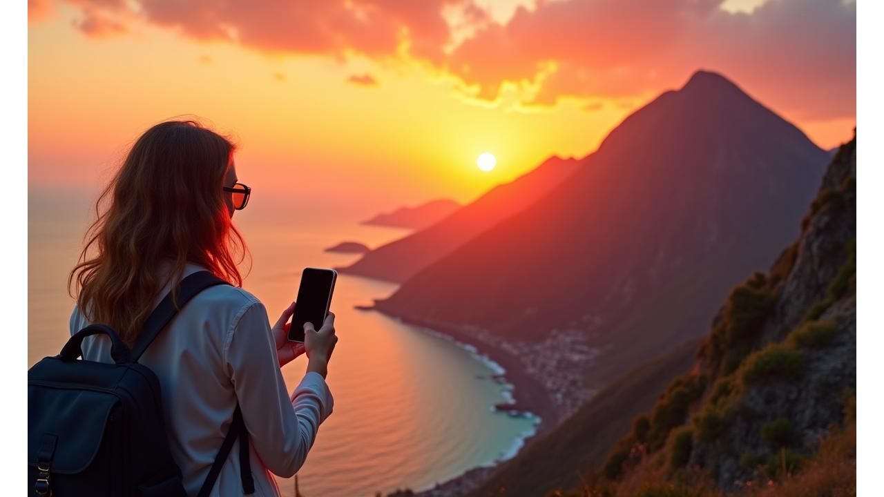 Millennial traveler overlooking a stunning, vibrant landscape at sunset, capturing the moment on their phone.