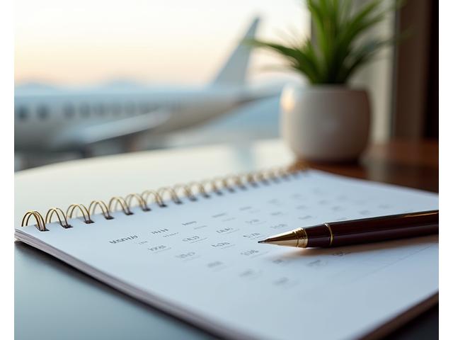A finely detailed calendar with marked dates symbolizing booking and cancellation timelines, set against a background of blurred luxury travel elements like a private jet wing and distant mountains. The colors are muted gold and deep blue to reflect the brand palette. It conveys meticulous planning and the importance of timing.