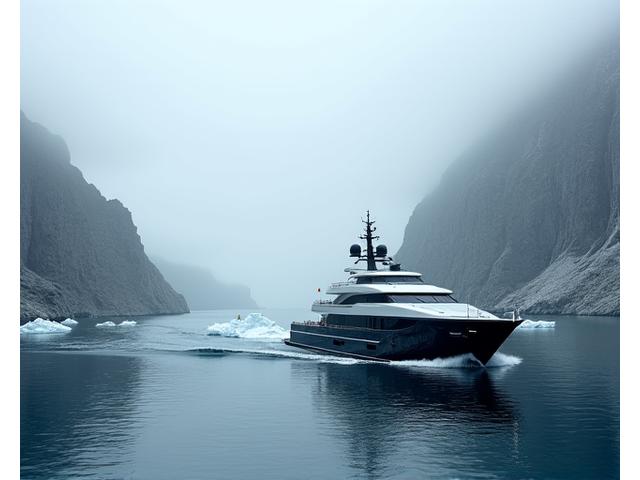Rugged expedition vessel exploring an icy fjord
