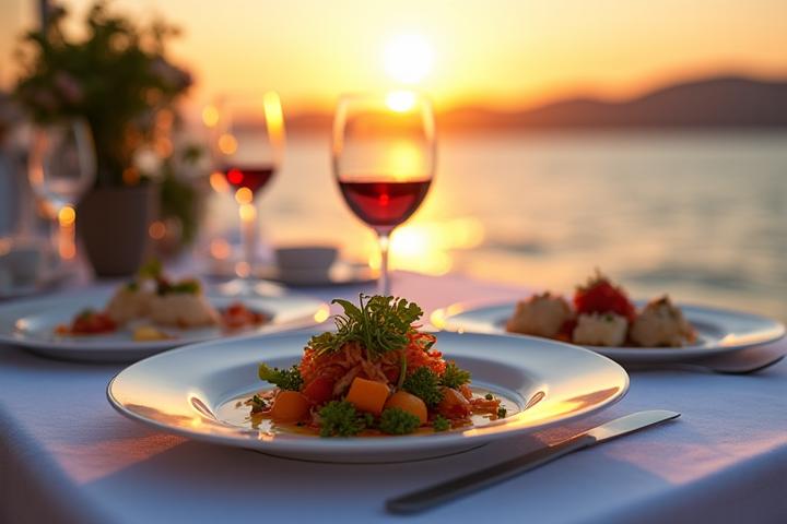 Gourmet meal being served on a yacht deck